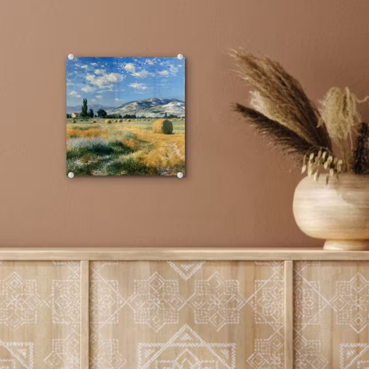 Glas schilderij - Landschap - Strobalen - Bergen - Wolken — 6