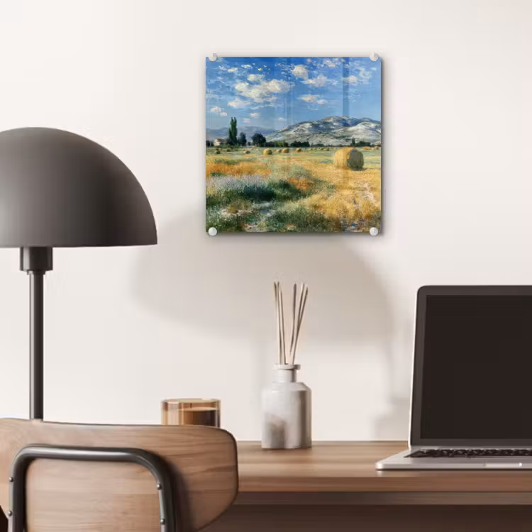 Glas schilderij - Landschap - Strobalen - Bergen - Wolken — 7