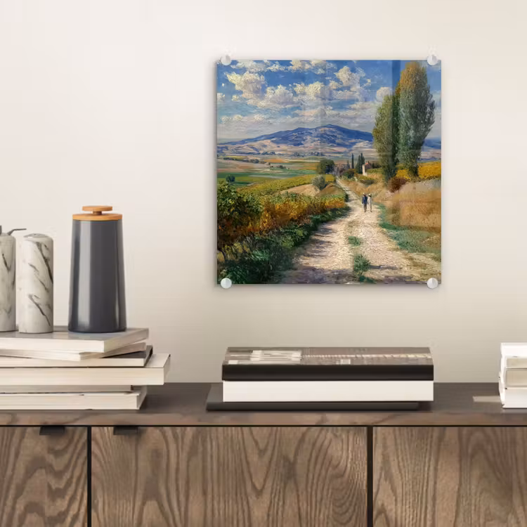 Glas schilderij - Mensen - Wandelen - Zandpad - Velden — 2