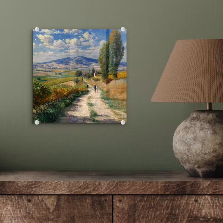 Glas schilderij - Mensen - Wandelen - Zandpad - Velden — 4