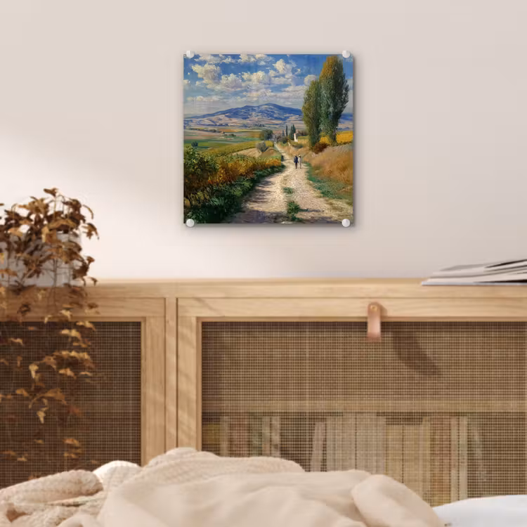 Glas schilderij - Mensen - Wandelen - Zandpad - Velden — 5