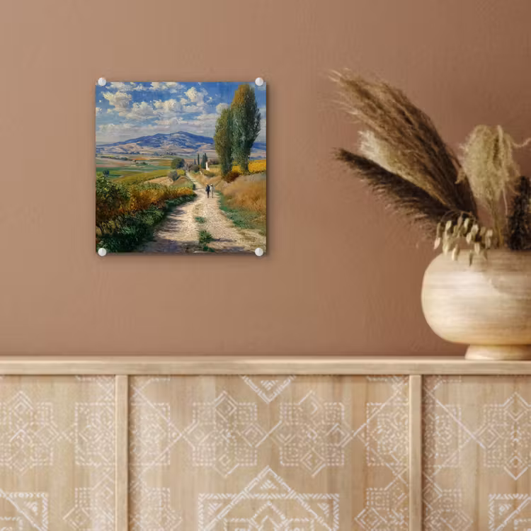 Glas schilderij - Mensen - Wandelen - Zandpad - Velden — 6