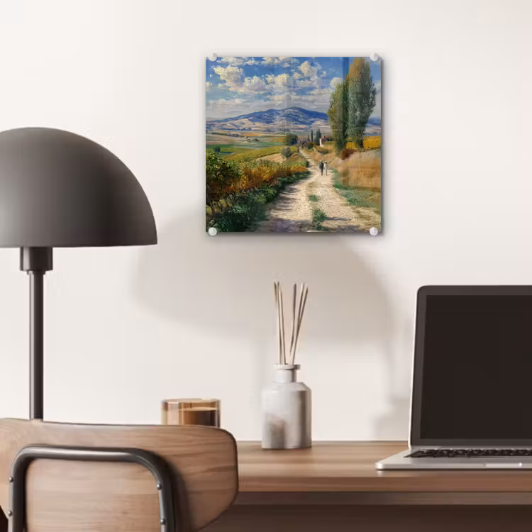 Glas schilderij - Mensen - Wandelen - Zandpad - Velden — 7