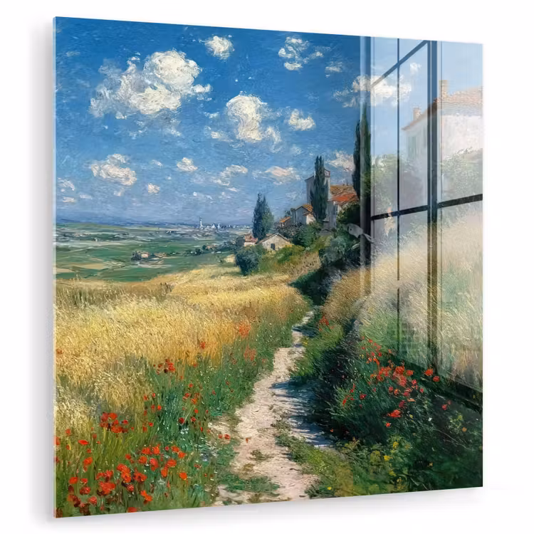 Glas schilderij - Zandpad - Huis - Bomen - Grasveld — 1