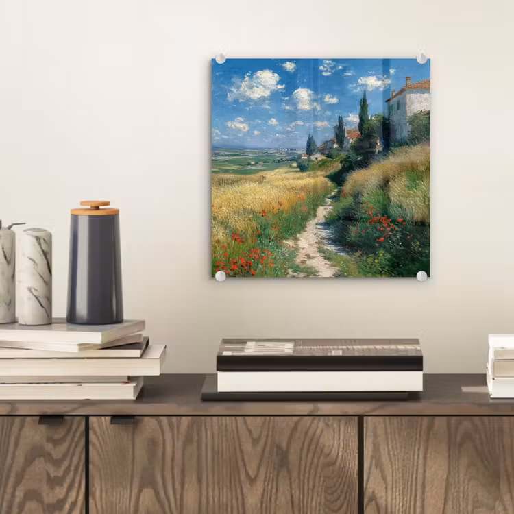 Glas schilderij - Zandpad - Huis - Bomen - Grasveld — 2