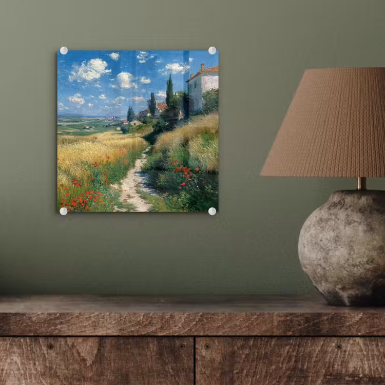 Glas schilderij - Zandpad - Huis - Bomen - Grasveld — 4