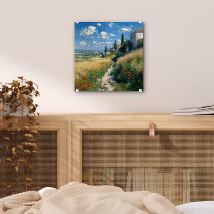 Glas schilderij - Zandpad - Huis - Bomen - Grasveld — 5