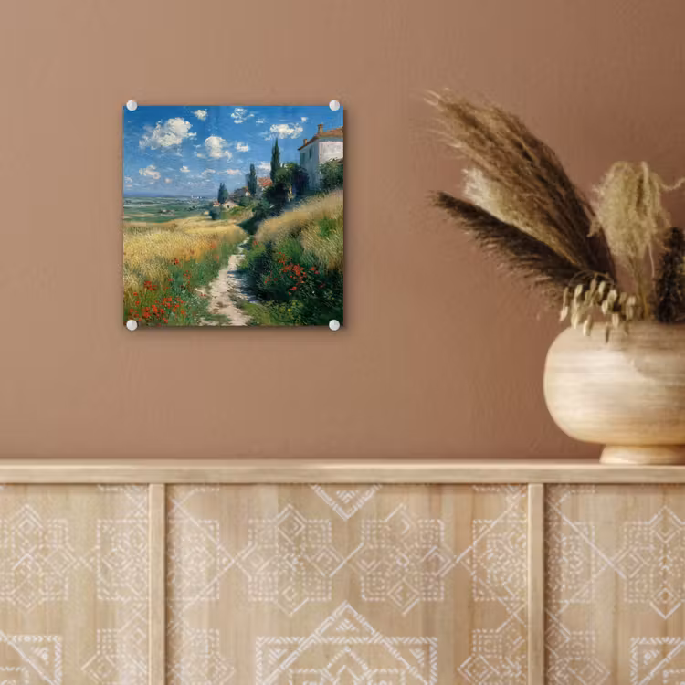 Glas schilderij - Zandpad - Huis - Bomen - Grasveld — 6