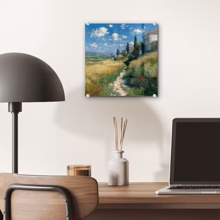 Glas schilderij - Zandpad - Huis - Bomen - Grasveld — 7