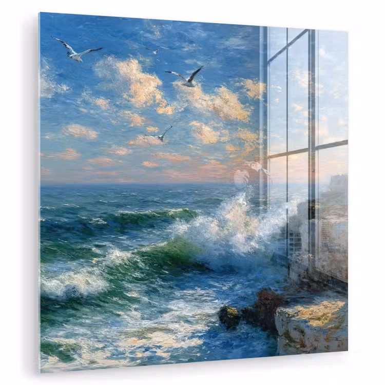 Glas schilderij - Zee - Golven - Rotsen - Meeuwen — 1