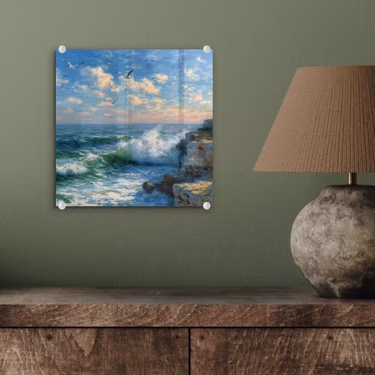 Glas schilderij - Zee - Golven - Rotsen - Meeuwen — 4