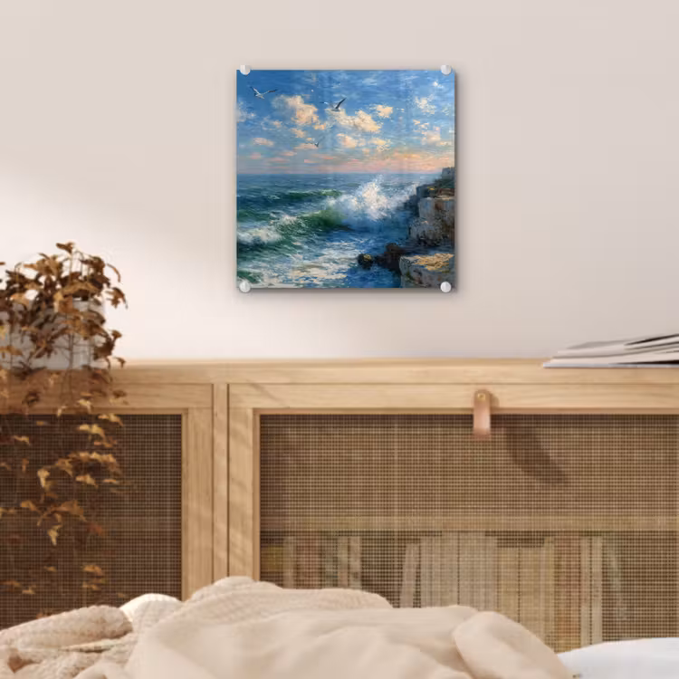 Glas schilderij - Zee - Golven - Rotsen - Meeuwen — 5