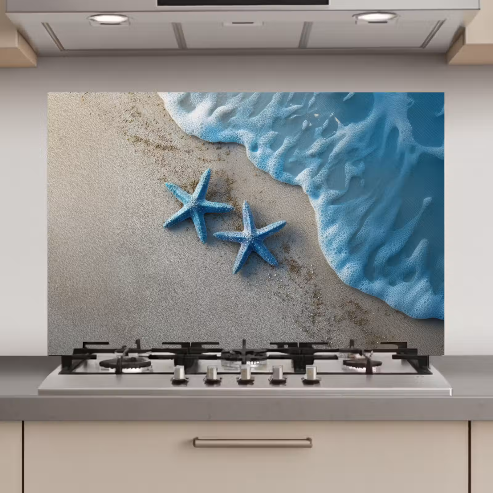 Spatscherm keuken - Zeesterren - Zand - Zee - Blauw — 1