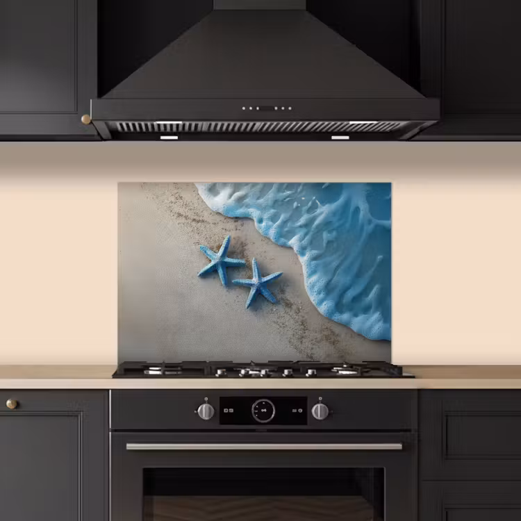 Spatscherm keuken - Zeesterren - Zand - Zee - Blauw — 2