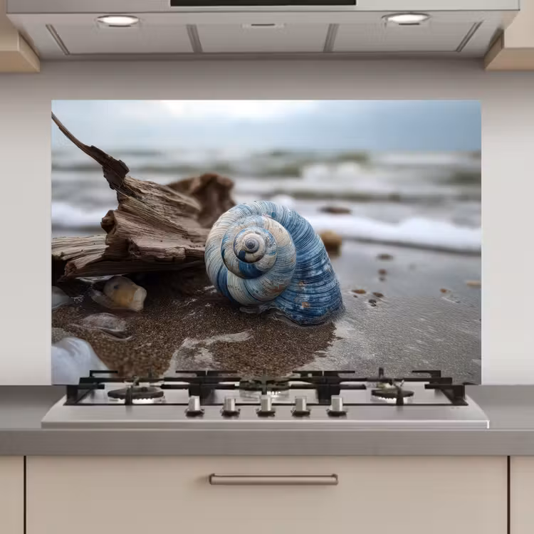 Spatscherm keuken - Schelp - Strand - Blauw - Zee — 1