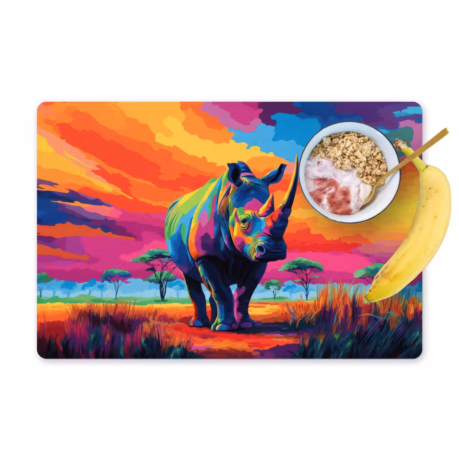 Placemat - 6 stuks - Neushoorn - Zonsondergang - Savanna - Kleurrijk — 1