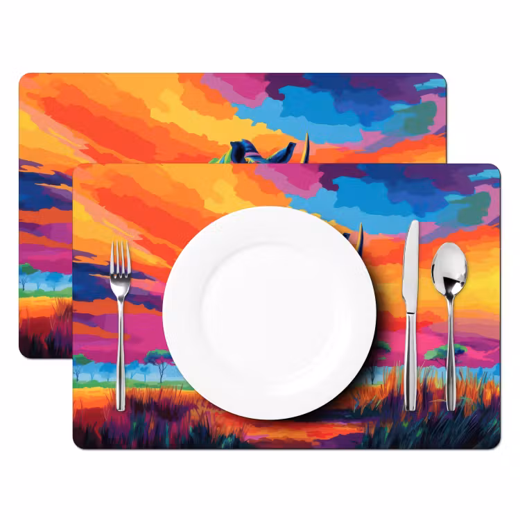 Placemat - 6 stuks - Neushoorn - Zonsondergang - Savanna - Kleurrijk — 2
