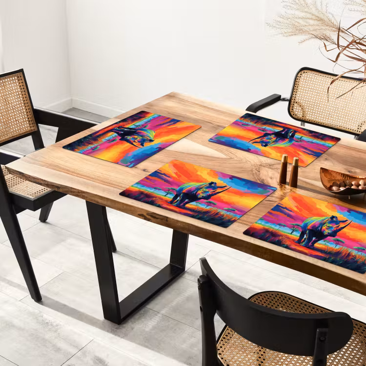 Placemat - 6 stuks - Neushoorn - Zonsondergang - Savanna - Kleurrijk — 5