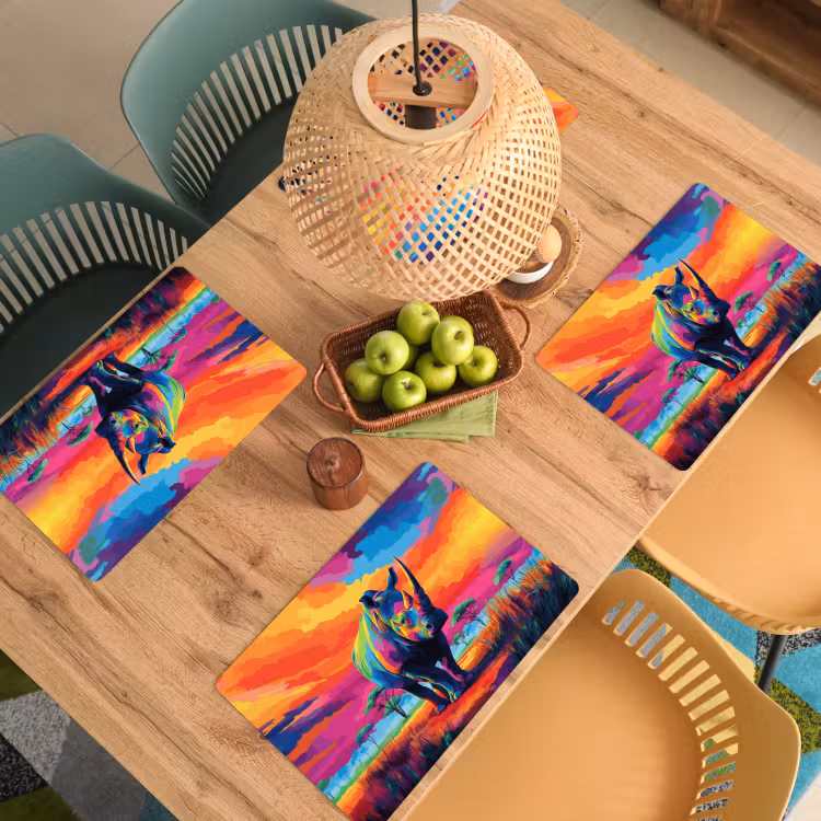 Placemat - 6 stuks - Neushoorn - Zonsondergang - Savanna - Kleurrijk — 6
