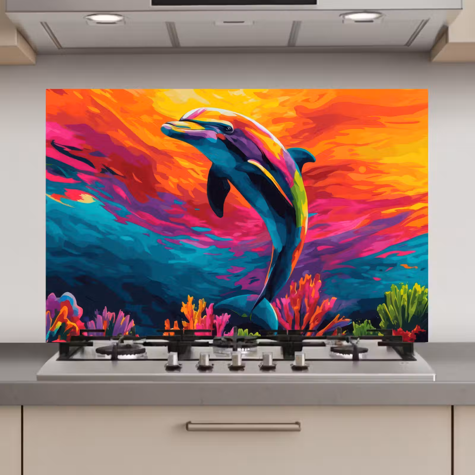 Spatscherm keuken - Dolfijn - Kleurrijk - Oceaan - Koraal — 1