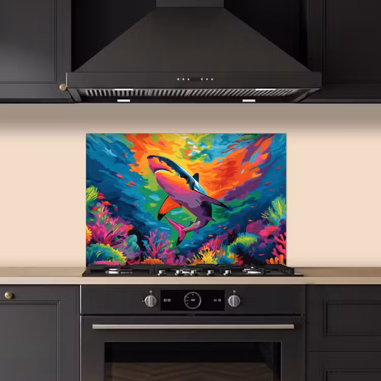 Spatscherm keuken - Haai - Koraalrif - Abstract - Kleurrijk — 2