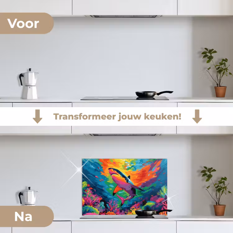 Spatscherm keuken - Haai - Koraalrif - Abstract - Kleurrijk — 3