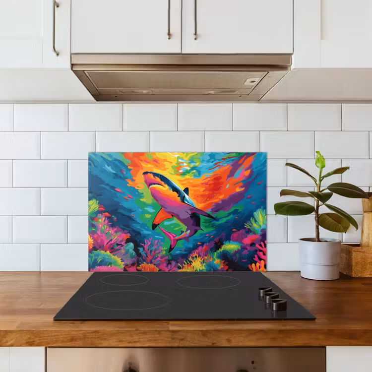 Spatscherm keuken - Haai - Koraalrif - Abstract - Kleurrijk — 6