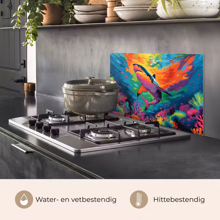 Spatscherm keuken - Haai - Koraalrif - Abstract - Kleurrijk — 7