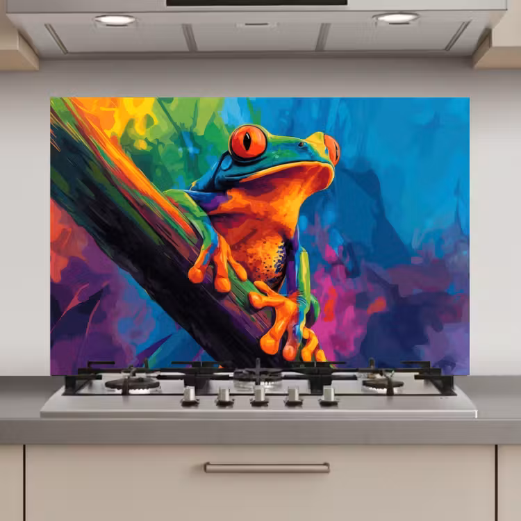 Spatscherm keuken - Kikker - Felgekleurd - Tak - Regenboog — 1