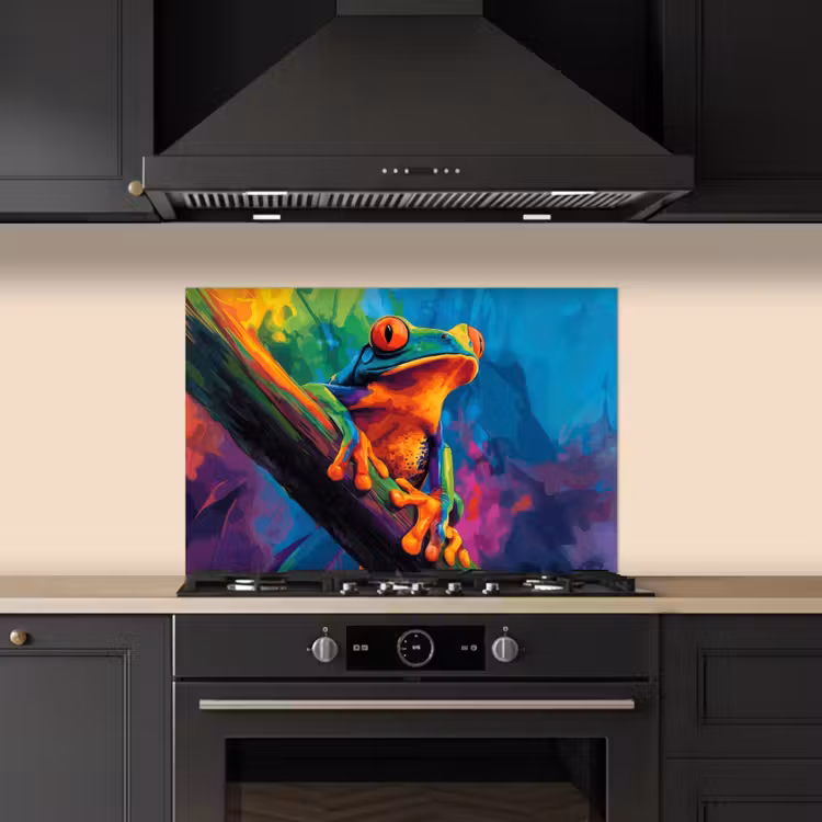 Spatscherm keuken - Kikker - Felgekleurd - Tak - Regenboog — 2