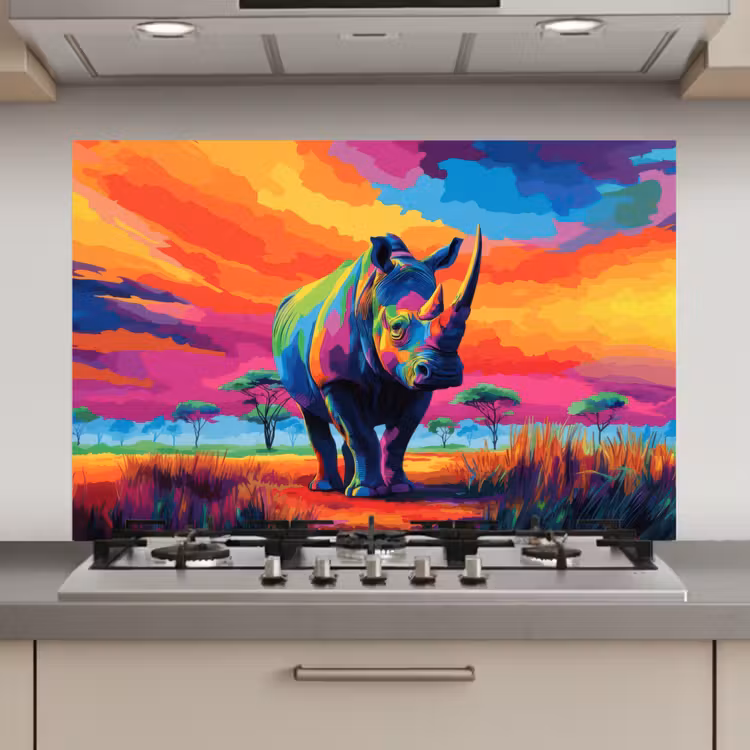 Spatscherm keuken - Neushoorn - Zonsondergang - Savanna - Kleurrijk — 1