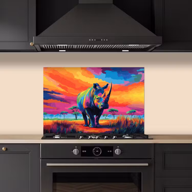 Spatscherm keuken - Neushoorn - Zonsondergang - Savanna - Kleurrijk — 2