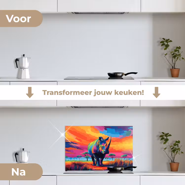 Spatscherm keuken - Neushoorn - Zonsondergang - Savanna - Kleurrijk — 3