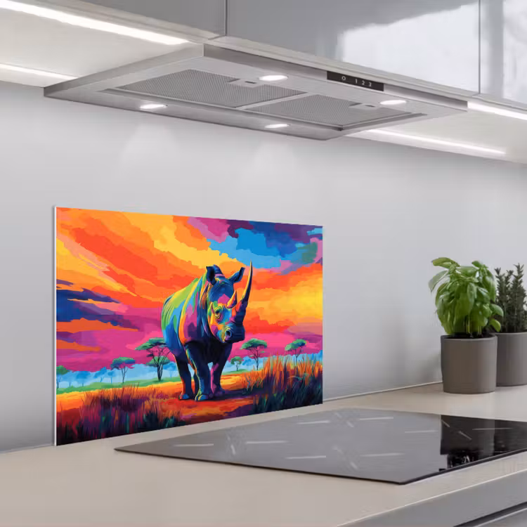 Spatscherm keuken - Neushoorn - Zonsondergang - Savanna - Kleurrijk — 5