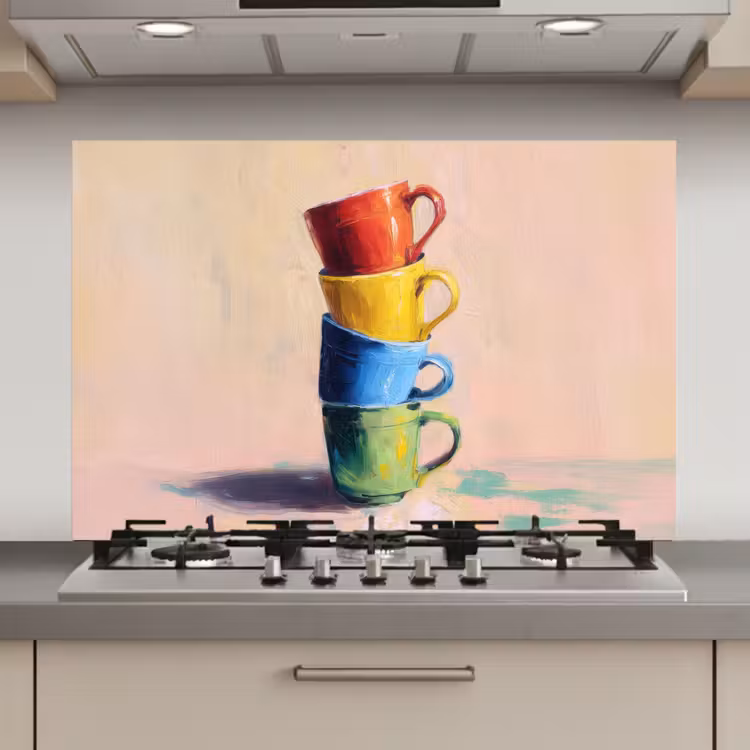 Spatscherm keuken - Mokken - Gestapeld - Keramiek - Kleurrijk — 1