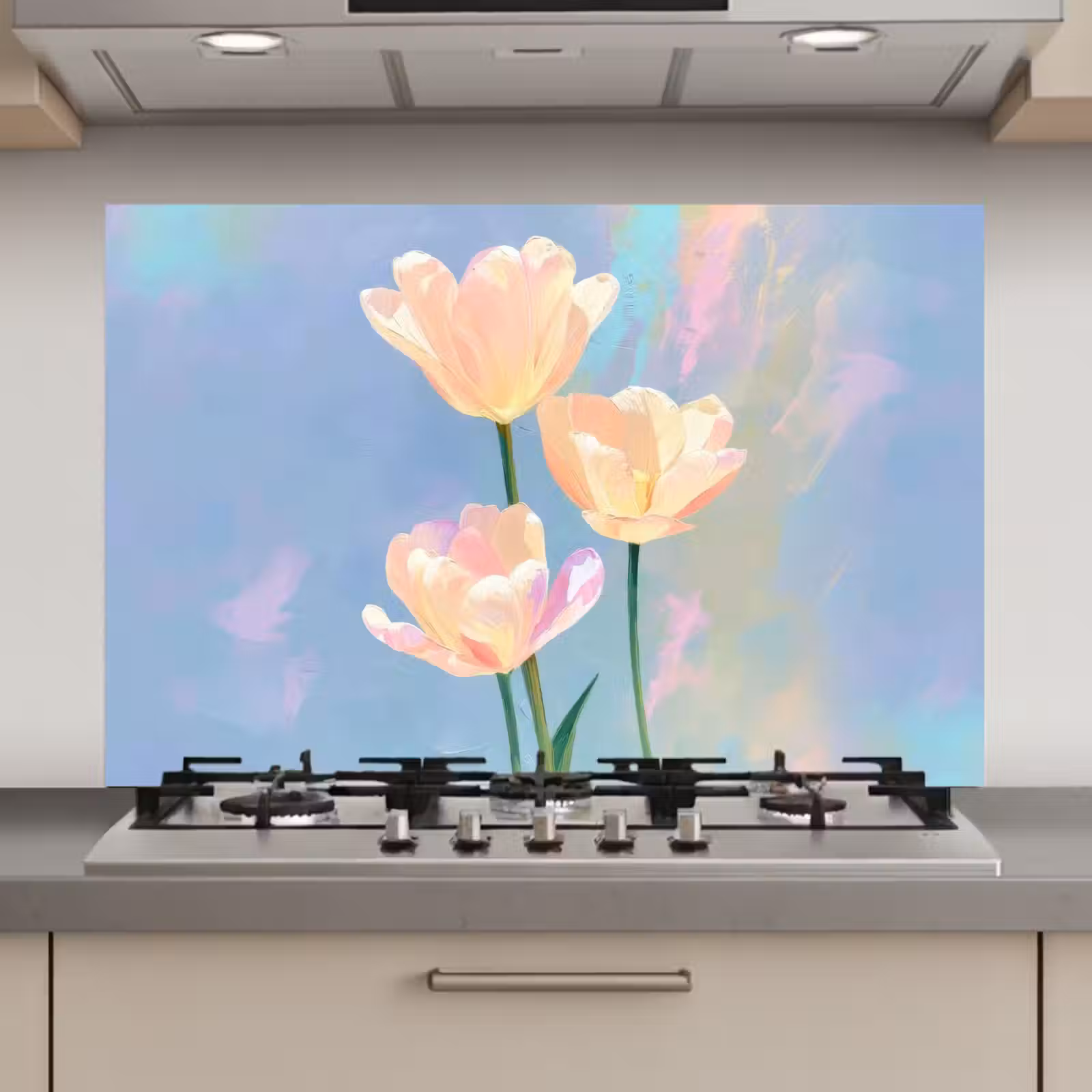 Spatscherm keuken - Tulpen - Roze accenten - Blauw — 1