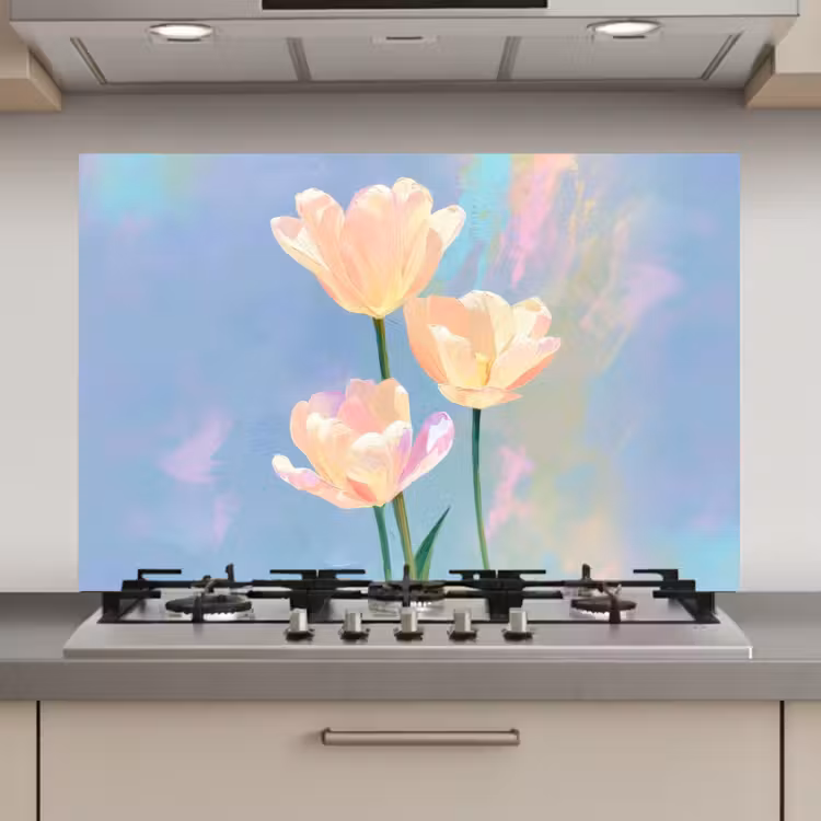 Spatscherm keuken - Tulpen - Roze accenten - Blauw — 1
