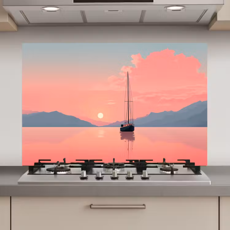 Spatscherm keuken - Zeilboot - Roze zee - Zonsondergang - Bergen — 1