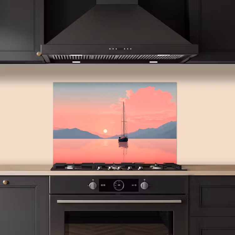 Spatscherm keuken - Zeilboot - Roze zee - Zonsondergang - Bergen — 2