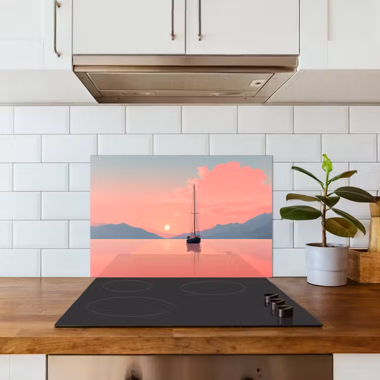 Spatscherm keuken - Zeilboot - Roze zee - Zonsondergang - Bergen — 6