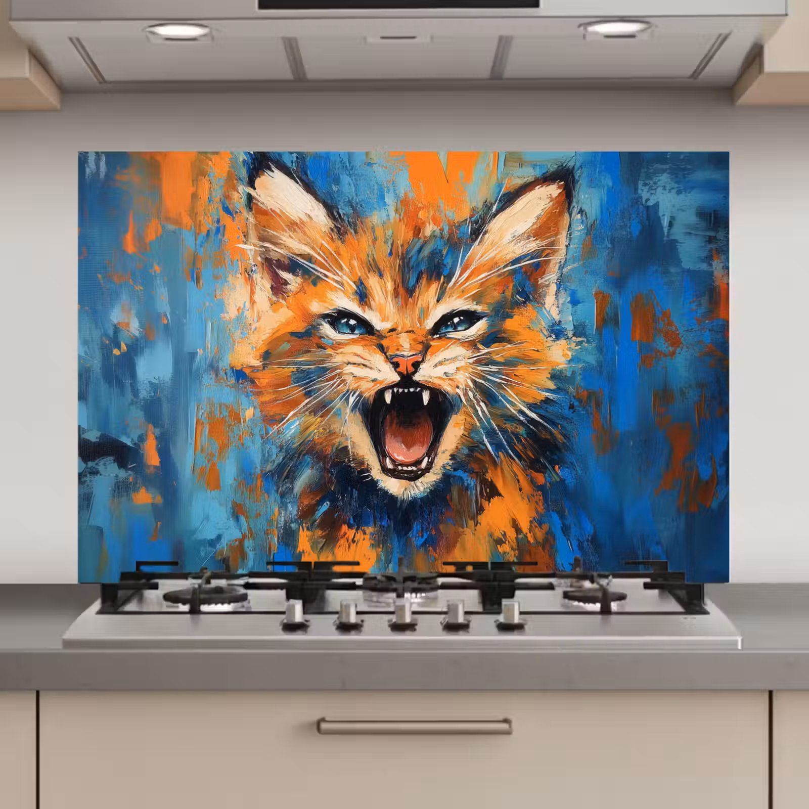Spatscherm keuken - Kat - Kleurrijk - Oranje - Blauw — 1