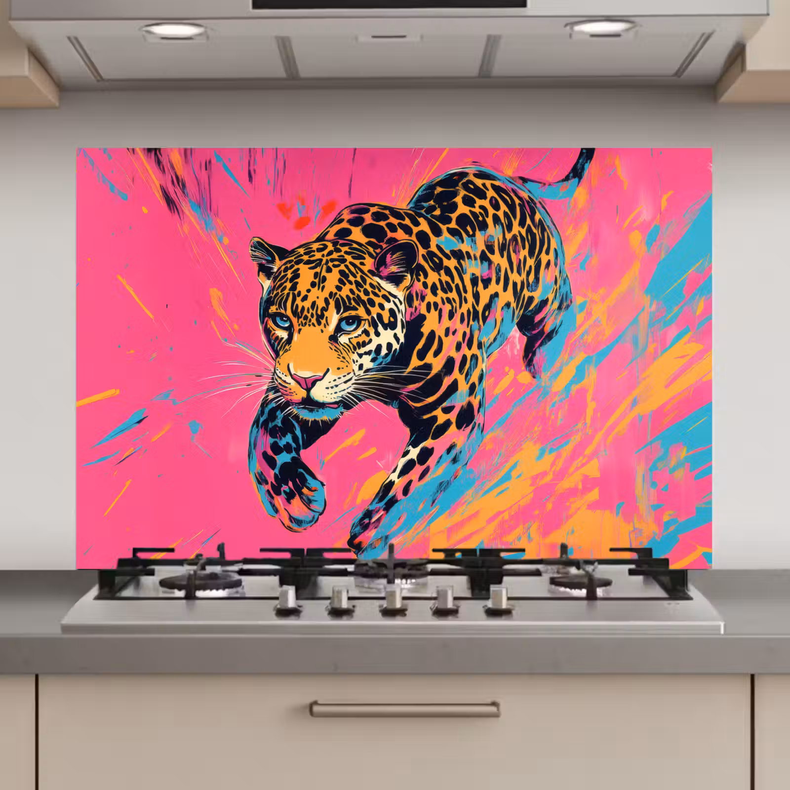 Spatscherm keuken - Luipaard - Roze - Oranje - Blauw - Verf — 1