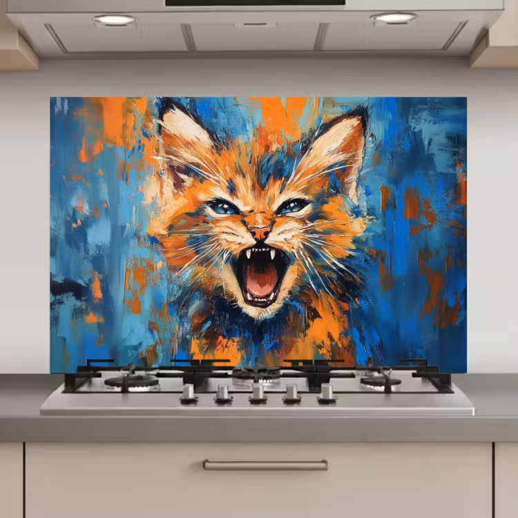 Spatscherm keuken - Kat - Kleurrijk - Oranje - Blauw — 1