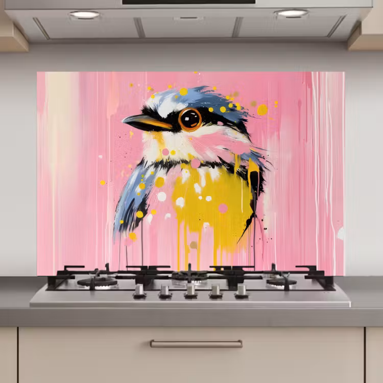 Spatscherm keuken - Vogel - Roze - Geel - Blauw — 1