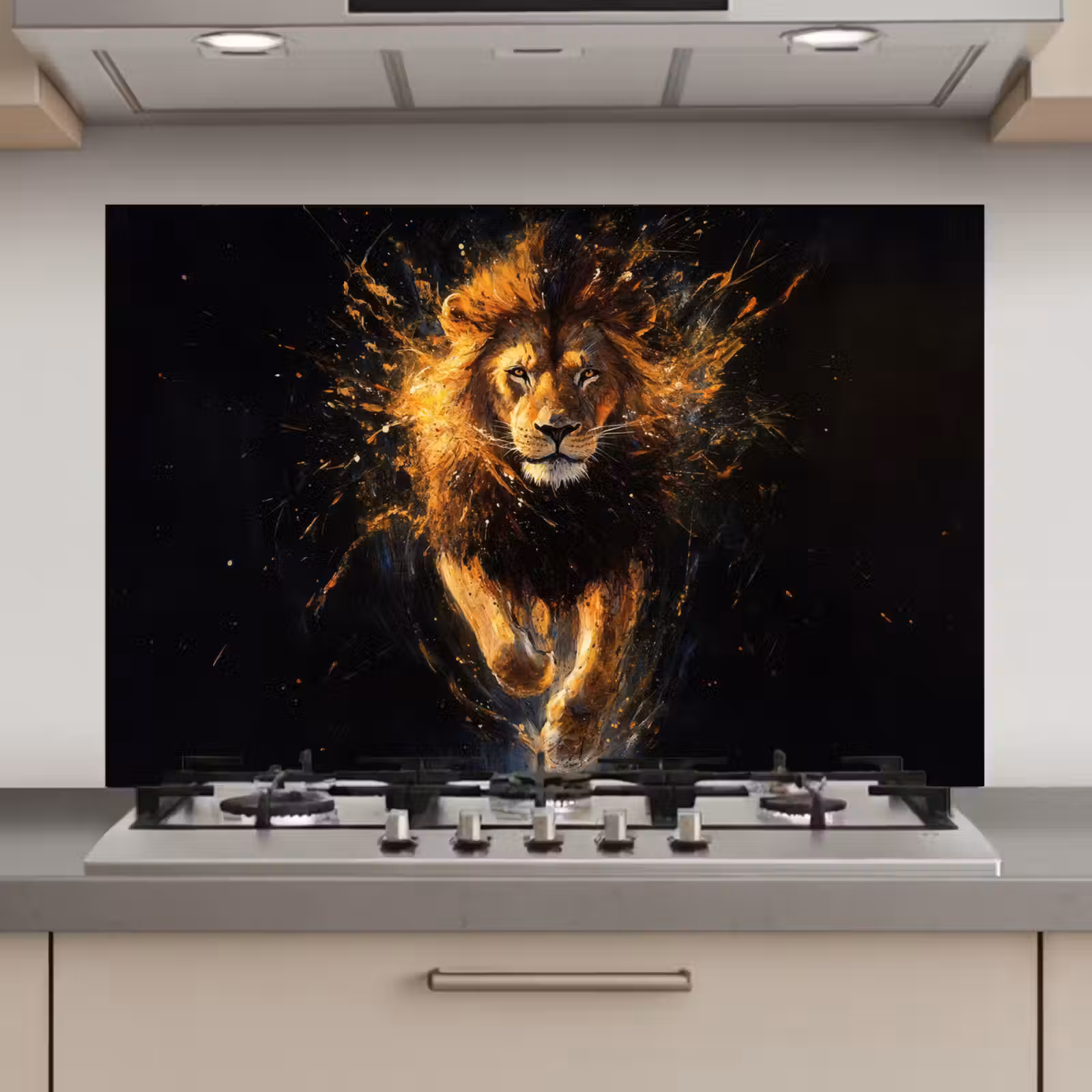 Spatscherm keuken - Leeuw - Zwart - Oranje - Verf — 1