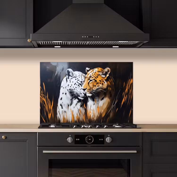 Spatscherm keuken - Luipaard - Oranje - Wit - Gras — 2