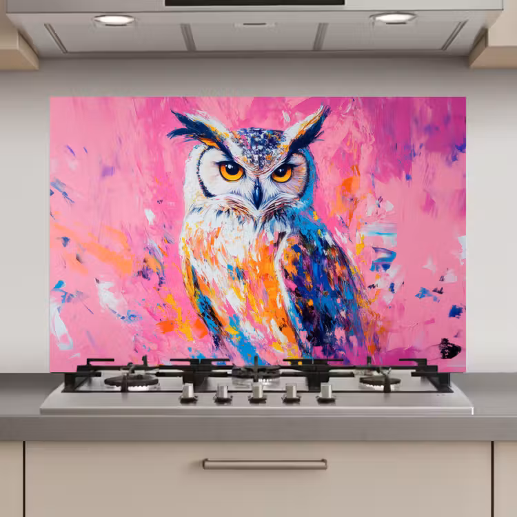 Spatscherm keuken - Uil - Roze - Blauw - Verf - Abstract — 1