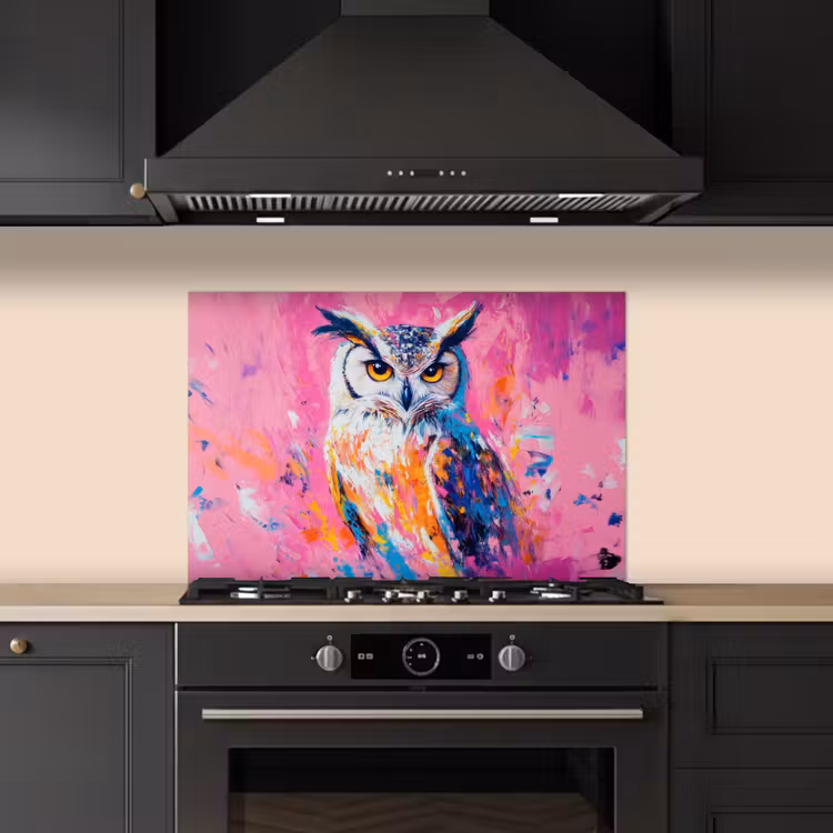 Spatscherm keuken - Uil - Roze - Blauw - Verf - Abstract — 2