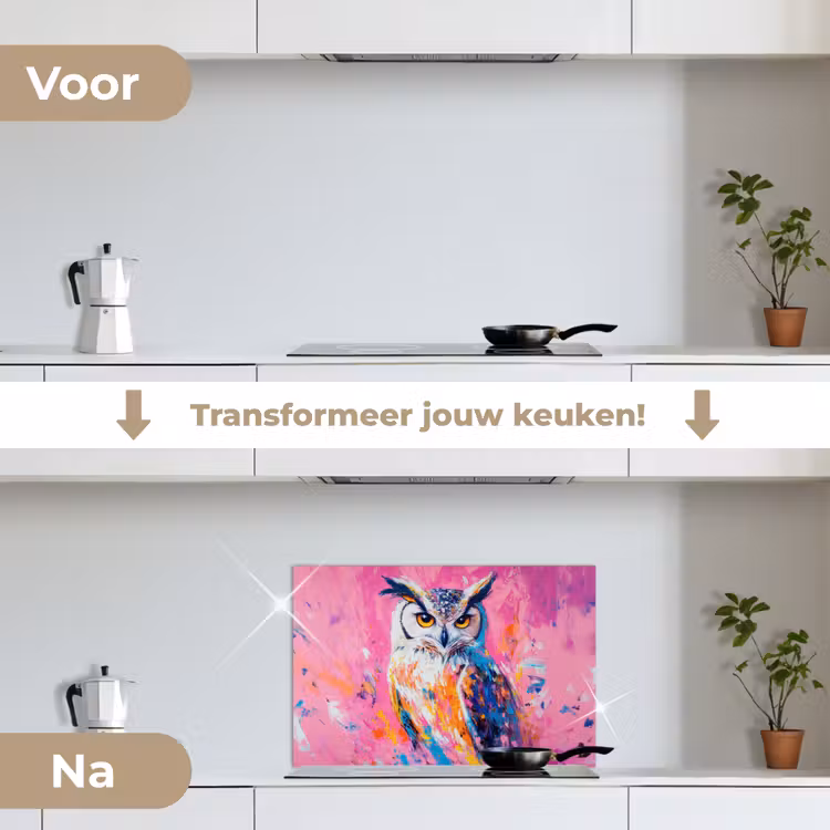 Spatscherm keuken - Uil - Roze - Blauw - Verf - Abstract — 3
