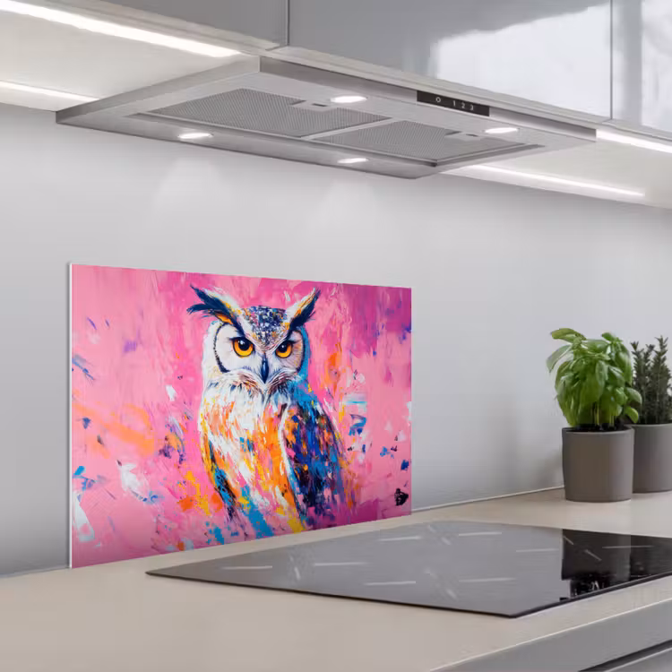 Spatscherm keuken - Uil - Roze - Blauw - Verf - Abstract — 5